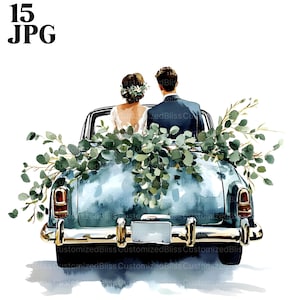 Clipe de noiva e noivo, pacote de clipart de carro de casamento recém-casado, 15 JPGs de aquarela de alta qualidade, diário, álbum de recortes, download digital