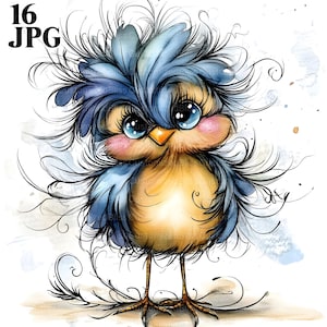 16 imágenes prediseñadas de pájaros peculiares, pájaros graciosos, pájaros lindos, imágenes prediseñadas de acuarela, diario basura, descarga digital, manualidades de papel, JPG imprimible