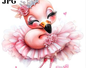 12 Flamingo Clipart, Pink Flamingo, Princess Flamingo, Tiara Clipart, Tutu Clipart, Pink Dress, High Quality JPGs, Digital Download, Craft