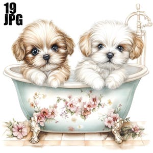 L'heure du bain pour les chiots Clip Art, 19 fichiers JPG aquarelle haute résolution, journal indésirable, scrapbooking, fabrication de cartes, téléchargement numérique, clipart chiot