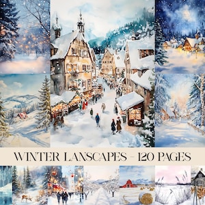 Fundos de cenas de inverno, paisagens festivas de inverno em aquarela, fundo de cena de Natal, papel digital de cena de vila de Natal em aquarela