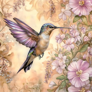 May include: A purple and brown hummingbird with iridescent wings hovers near pink and white flowers. The background is a soft, watercolor-like pattern of beige and brown.