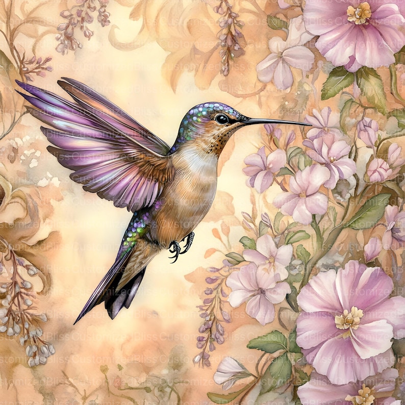 May include: A purple and brown hummingbird with iridescent wings hovers near pink and white flowers. The background is a soft, watercolor-like pattern of beige and brown.