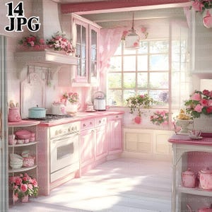 14 Shabby Chic Retro Pink Kitchen Clipart, Cozinha de Campo, Cozinha Retro, Clipart de Aquarela, Diário de Lixo, Download Digital, JPG