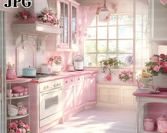 14 Shabby Chic Retro Pink Kitchen Clipart, Countryside Kitchen, Retro Kitchen, Watercolor Clipart, Junk Journal, Digital Download, JPG