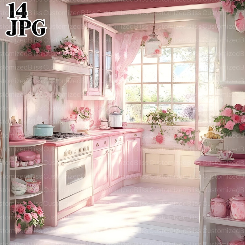 14 Shabby Chic Retro Pink Kitchen Clipart, Countryside Kitchen, Retro ...