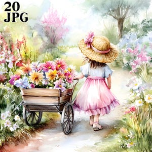 花カートを持つ少女のクリップアート バンドル、20 枚の高品質 JPG、水彩クリップアート、ジャンク ジャーナル、スクラップブック、工芸品、デジタル ダウンロード ウィムジカル