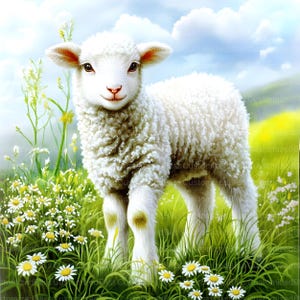 May include: A white lamb with a fluffy coat stands in a field of green grass and white daisies. The lamb has a sweet expression on its face and is looking directly at the viewer.