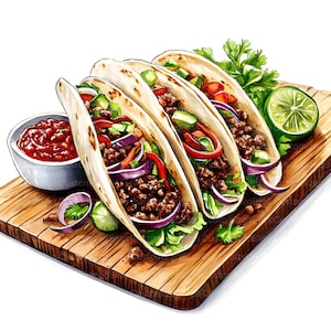 May include: Three soft tacos filled with ground beef, lettuce, red onion, tomato, and avocado on a wooden cutting board with a small bowl of salsa.