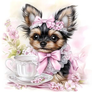 May include: A small Yorkshire Terrier puppy wearing a pink dress with lace trim and a pink bow. The puppy is sitting next to a white teacup and saucer with pink floral designs.