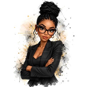 May include: Illustration of a Black woman with her hair in a bun, wearing a black blazer, glasses, and hoop earrings. The background features gold and gray watercolor-style splatters. The image has the text "CustomizedBliss" in the bottom right corner.