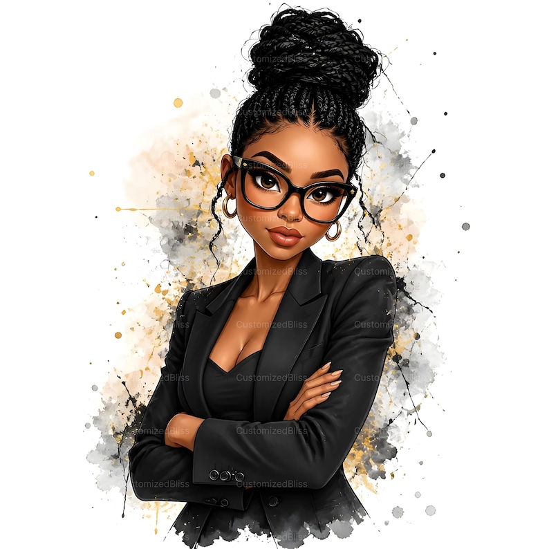 May include: Illustration of a Black woman with her hair in a bun, wearing a black blazer, glasses, and hoop earrings. The background features gold and gray watercolor-style splatters. The image has the text "CustomizedBliss" in the bottom right corner.