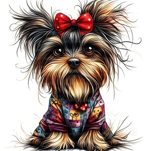 Pu&ograve; includere: Un cane Yorkshire Terrier con un fiocco rosso, che indossa un maglione colorato a patchwork, seduto su uno sfondo bianco.
