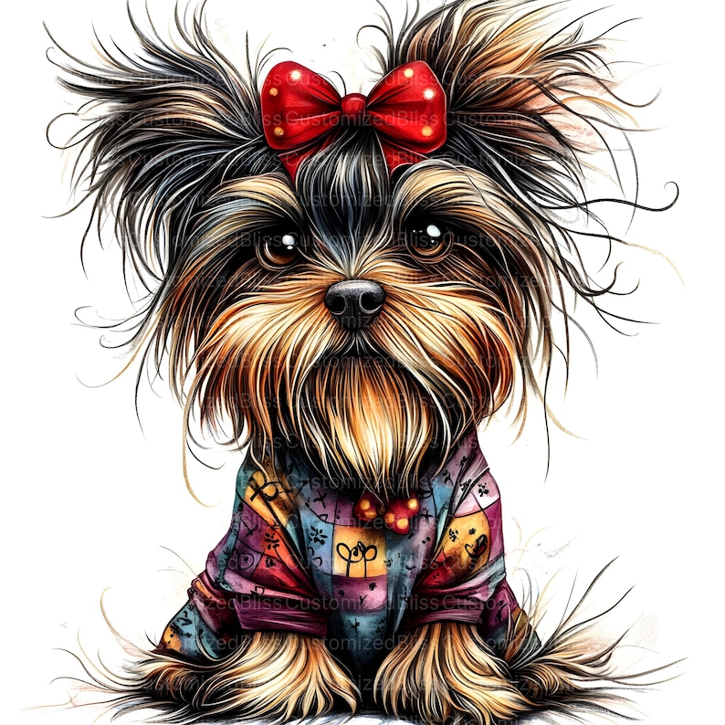 Pu&ograve; includere: Un cane Yorkshire Terrier con un fiocco rosso, che indossa un maglione colorato a patchwork, seduto su uno sfondo bianco.
