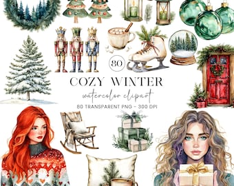 Cozy Winter Clipart, Pine PNG, Watercolor Neutral Christmas Graphics, Christmas PNG Bundle, Cute Christmas Bundle, Digital Stickers