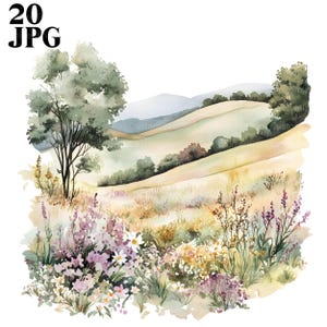 20 Spring Meadow Clipart, Spring Clipart, Landscape Clipart, High Quality JPGs, Watercolor Clipart, Junk Journal, Digital Download, Craft