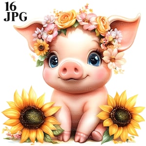 16 imágenes prediseñadas de cerdo, imágenes prediseñadas de lechón, imágenes prediseñadas de animales de granja, corona de flores, cerdito, imágenes prediseñadas de girasol, flores, diario basura, descarga digital, JPG