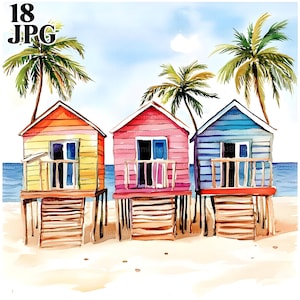 18 Beach Hut Clipart, Beach Clipart, Seaside Clipart, High Quality JPGs, Watercolor Clipart, Junk Journal, Digital Download, Paper Craft