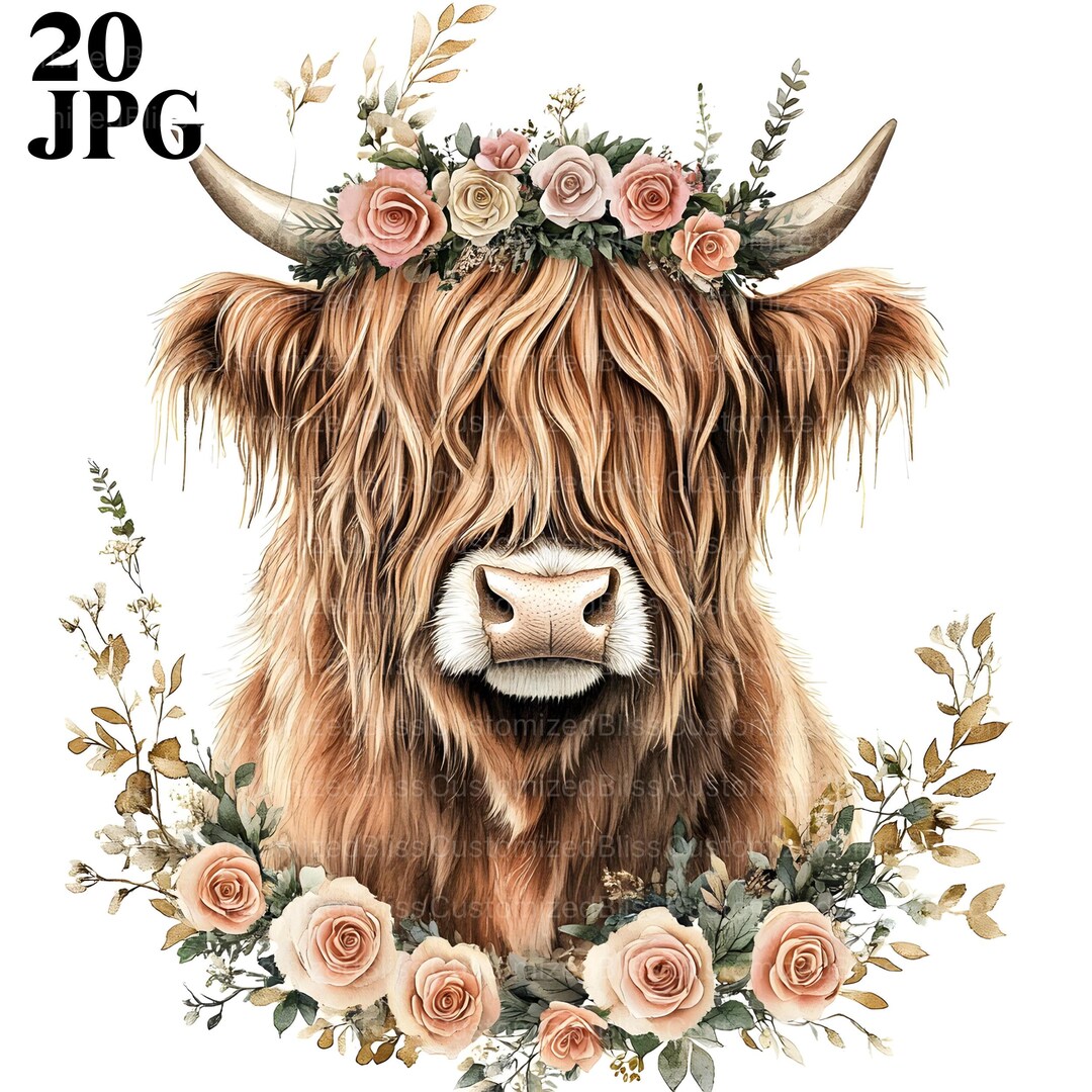 20 Floral Highland Cow Clipart, Cow and Flowers Clipart, High Quality ...
