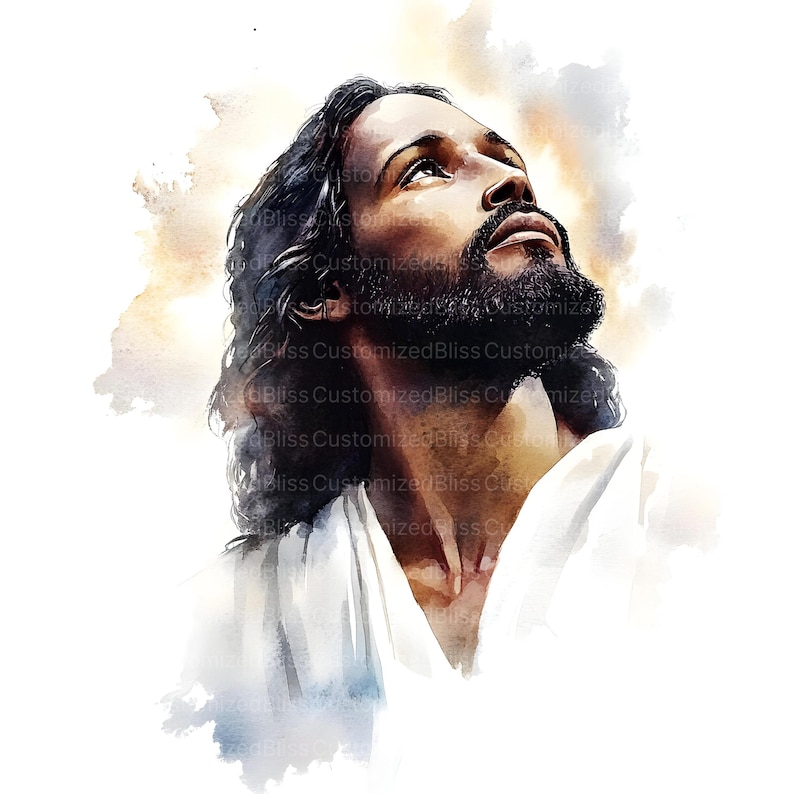 May include: Watercolor portrait of a man with long, dark hair and a full beard, looking upwards. The artwork features soft, blended colors and a white robe. The background has a light, ethereal quality.