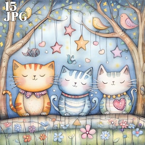 Images clipart chats fantaisistes, 15 fichiers JPG de haute qualité, chat de dessin animé, clipart aquarelle, journal indésirable, scrapbooking, fabrication de cartes, téléchargement numérique