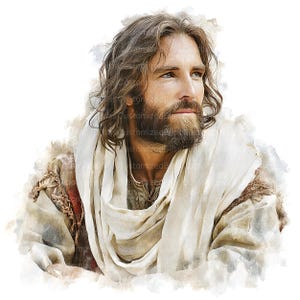 Op de afbeelding: Een portret van een man met lang, golvend bruin haar en een baard, die opzij kijkt. Hij draagt een witte jurk en een lichtgekleurd kledingstuk. De afbeelding heeft een zachte, schilderachtige kwaliteit met een witte achtergrond.
