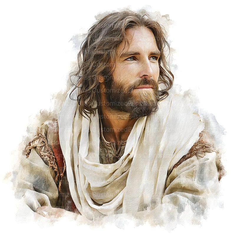 Op de afbeelding: Een portret van een man met lang, golvend bruin haar en een baard, die opzij kijkt. Hij draagt een witte jurk en een lichtgekleurd kledingstuk. De afbeelding heeft een zachte, schilderachtige kwaliteit met een witte achtergrond.