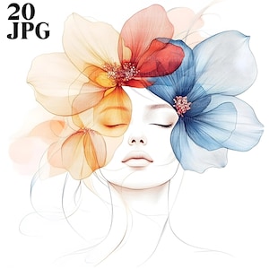 20 bloemen vrouw gezicht clipart, abstract gezicht, bloemen gezicht, hoge kwaliteit jpg's, aquarel clipart, ongewenste dagboek, digitale download, Paper Craft