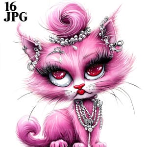 16 Clipart di gatti rosa glamour, adorabile illustrazione di gatto con perle e labbra rosse, clipart di gattini, JPG di alta qualità, download digitale, artigianato