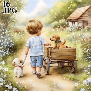16 kleiner Junge mit Hund Clip Art, Welpe Clipart, Welpe Digital, Hund Digital, Bauernhof Tier, Bauernhof Clipart, Junk Journal, digitaler Download, JPG
