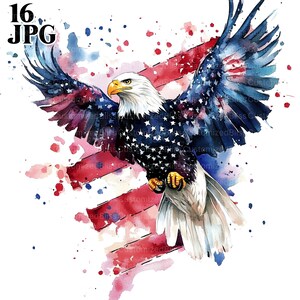 16 imágenes prediseñadas de águila patriótica, águila estadounidense, imágenes prediseñadas del 4 de julio, JPG de alta calidad, imágenes prediseñadas de acuarela, diario basura, manualidades de papel con descarga digital