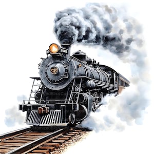 May include: A black steam locomotive with the number 85076 on the side, pulling a train of passenger cars. The locomotive is emitting smoke and steam, and the train is moving forward on a set of railroad tracks.