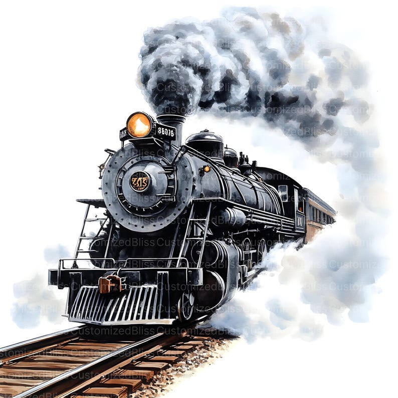 May include: A black steam locomotive with the number 85076 on the side, pulling a train of passenger cars. The locomotive is emitting smoke and steam, and the train is moving forward on a set of railroad tracks.