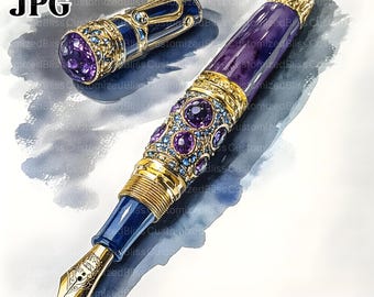 13 Crystal Pen Clipart, Fountain Pen Clipart, Writing Clipart, High Quality JPGs, Watercolor Clipart, Junk Journal, Digital Download, Craft