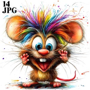 14 imágenes prediseñadas de ratón peculiar, ratón loco, ratón lindo, imágenes prediseñadas de rata, archivos JPG de alta calidad, imágenes prediseñadas de acuarela, diario basura, descarga digital, manualidades