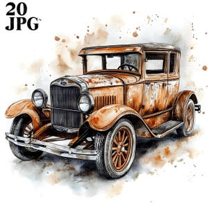 20 Watercolor Cars Clipart, Vintage Car Clipart, High Quality JPG, Printable Watercolor Clipart, Junk Journal, Digital Download, Paper Craft