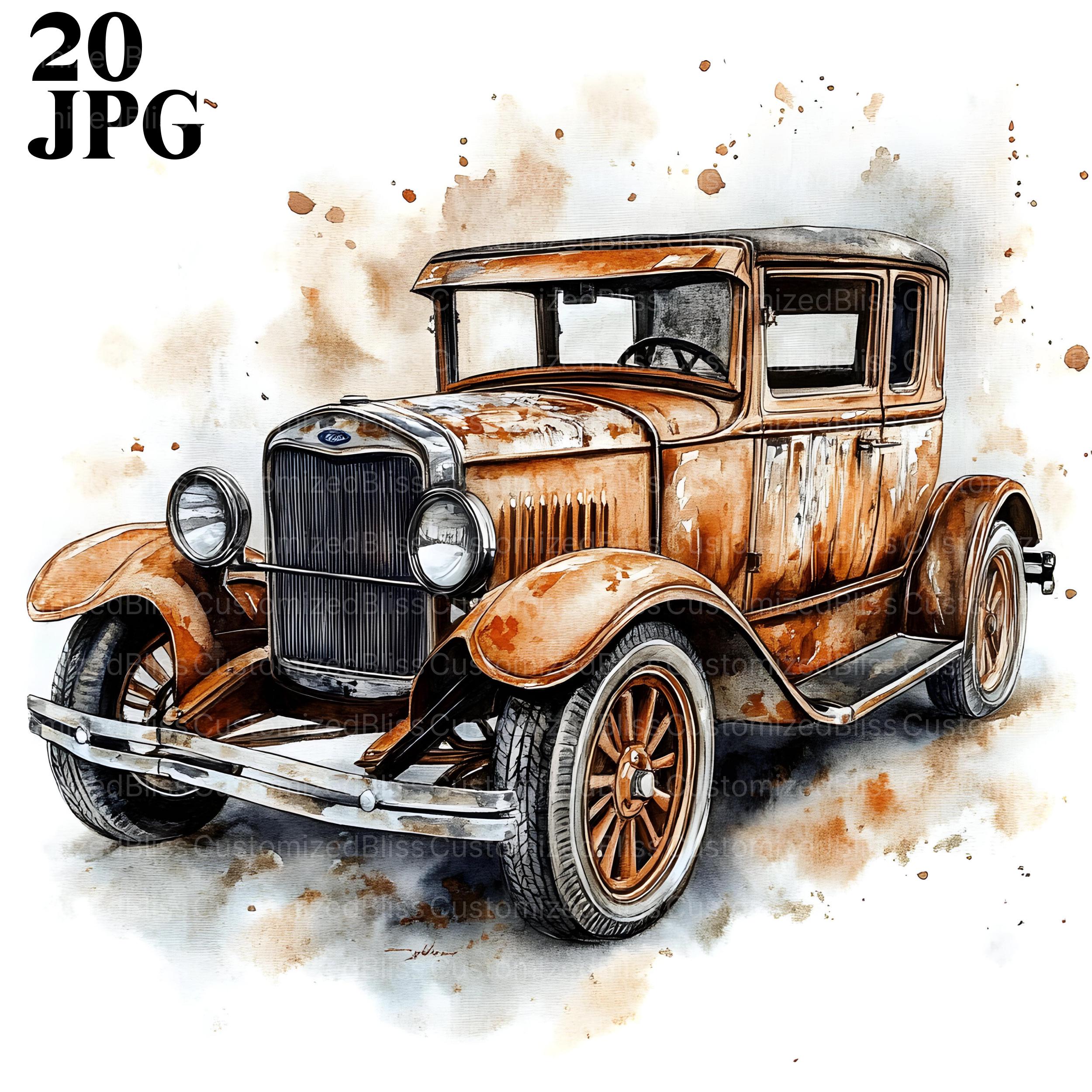 20 Watercolor Cars Clipart, Vintage Car Clipart, High Quality JPG, Printable Watercolor Clipart, Junk Journal, Digital Download, Paper Craft