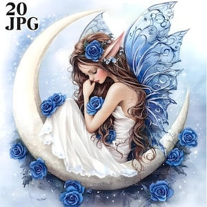 20 Elegant Moon Fairy Clipart, Celestial Clipart, High Quality JPG, Watercolor Clipart, Junk Journal, Digital Download, Paper Craft Clip Art