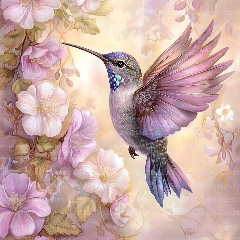 May include: A vibrant hummingbird with iridescent purple and blue feathers hovers near delicate pink and white flowers. The hummingbird's wings are spread wide, showcasing its intricate feather patterns. The background features a soft, blurred, pastel color palette.