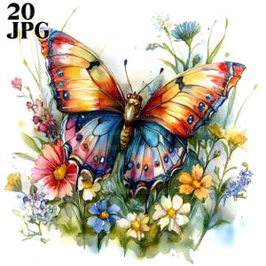 20 Motyle w Kwiatach Clipart, Kwiaty Polne Clipart, Motyle Clipart, Akwarela Clipart, Wysokiej Jakości JPG, Rękodzieło Papierowe, Dziennik Śmieci