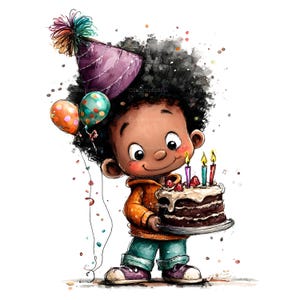 May include: A cartoon illustration of a child with dark curly hair wearing a purple party hat with a multicoloured pom-pom. The child holds a chocolate cake with three lit candles and is accompanied by two colourful balloons against a white background.