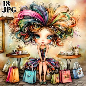 18 Quirky Girl Shopper Clipart, Whimsical Girl Clipart, High Quality JPGs, Watercolor Clipart, Junk Journal, Digital Download, Paper Craft