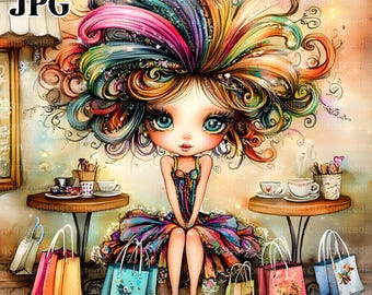 18 Quirky Girl Shopper Clipart, Whimsical Girl Clipart, High Quality JPGs, Watercolor Clipart, Junk Journal, Digital Download, Paper Craft