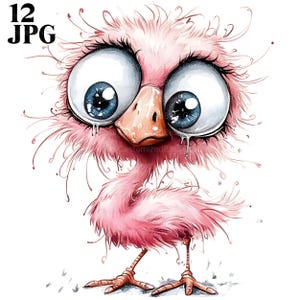 12 Flamingo Clip Art, Funny Bird, Cartoon Flamingo, High Quality JPGs, Watercolor Clipart, Junk Journal, Digital Download, Paper Craft