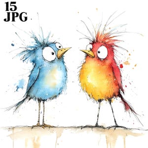 15 Whimsical Birds Clipart, Two Birds, Fluffy Birds, Cartoon Birds, Watercolor Clipart, High Quality JPGs Printable Clipart Digital Download