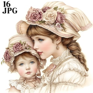 Ensemble de cliparts victorien mère et enfant, 16 fichiers JPG de haute qualité, création artistique, fabrication de cartes, clipart, créations en papier, scrapbooking, téléchargement numérique