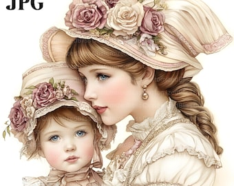 Paquete de imágenes prediseñadas de madre e hijo de la época victoriana, 16 imágenes en formato JPG de alta calidad, manualidades, creación de tarjetas, imágenes prediseñadas, manualidades de papel, descarga digital de álbumes de recortes