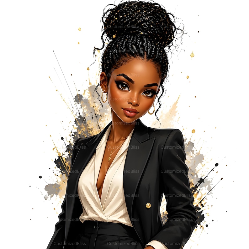 May include: Illustration of a woman with dark skin and braided hair in a high bun, wearing a black blazer over a white blouse. Gold earrings and a necklace are visible. The background features black, gray, and gold paint splatters. The text "CustomizedBliss" is visible.