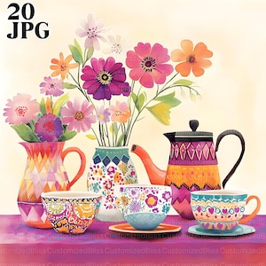 Könnte beinhalten: Aquarell-Illustration eines Teeservices mit farbenfrohen Blumenmustern. Das Set umfasst eine Teekanne, Tassen, Untertassen und Vasen mit Blumen. Die Farbpalette umfasst Orange, Rosa, Lila und Türkis. Der Text "20 JPG" befindet sich oben links.