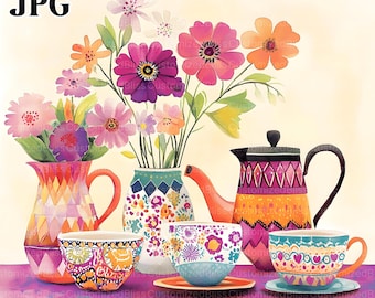 20 Vintage Tea Set Clipart, Whimsical High Tea, High Quality JPGs, Watercolor Clipart, Junk Journal, Digital Download, Paper Craft Printable